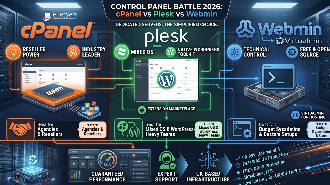 Control Panel Comparison 2026: cPanel vs Plesk vs Webmin for Dedicated Servers